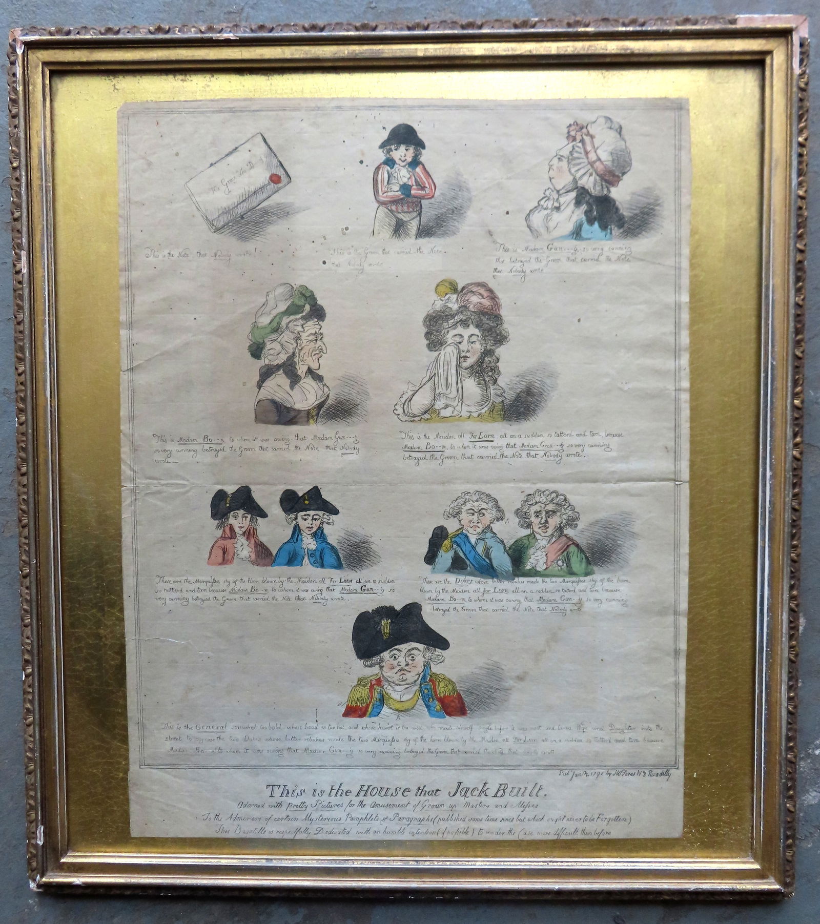 Isaac Cruikshank, 18th century printmaker. Hand colored engraving titled "This is the House that: Isaac Cruikshank, 18th century printmaker. Hand colored engraving titled "This is the House that Jack Built", published in 1792. Set within a 19th frame for display purposes. Condition: Creases and li