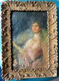 O/C of Edwardian lady, 19th century, housed in a fancy gilt gesso frame of the same period. The