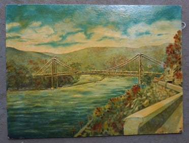O/B Landscape of bridge - note on reverse "Painted by Tom Schwank". Very good condition. Measures