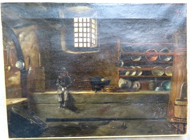 O/C Primitive interior of a Dutch house with young boy sitting on ledge of work bench, 19th century.