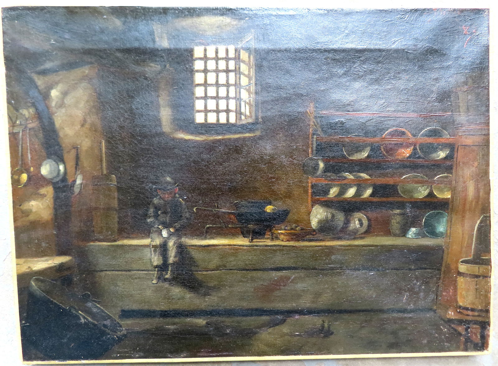 O/C Primitive interior of a Dutch house with young boy sitting on ledge of work bench, 19th century.: O/C Primitive interior of a Dutch house with young boy sitting on ledge of work bench, 19th century. Not framed and in very good condition. Measures 19" x 14". Provenance: From an Ulster County NY res