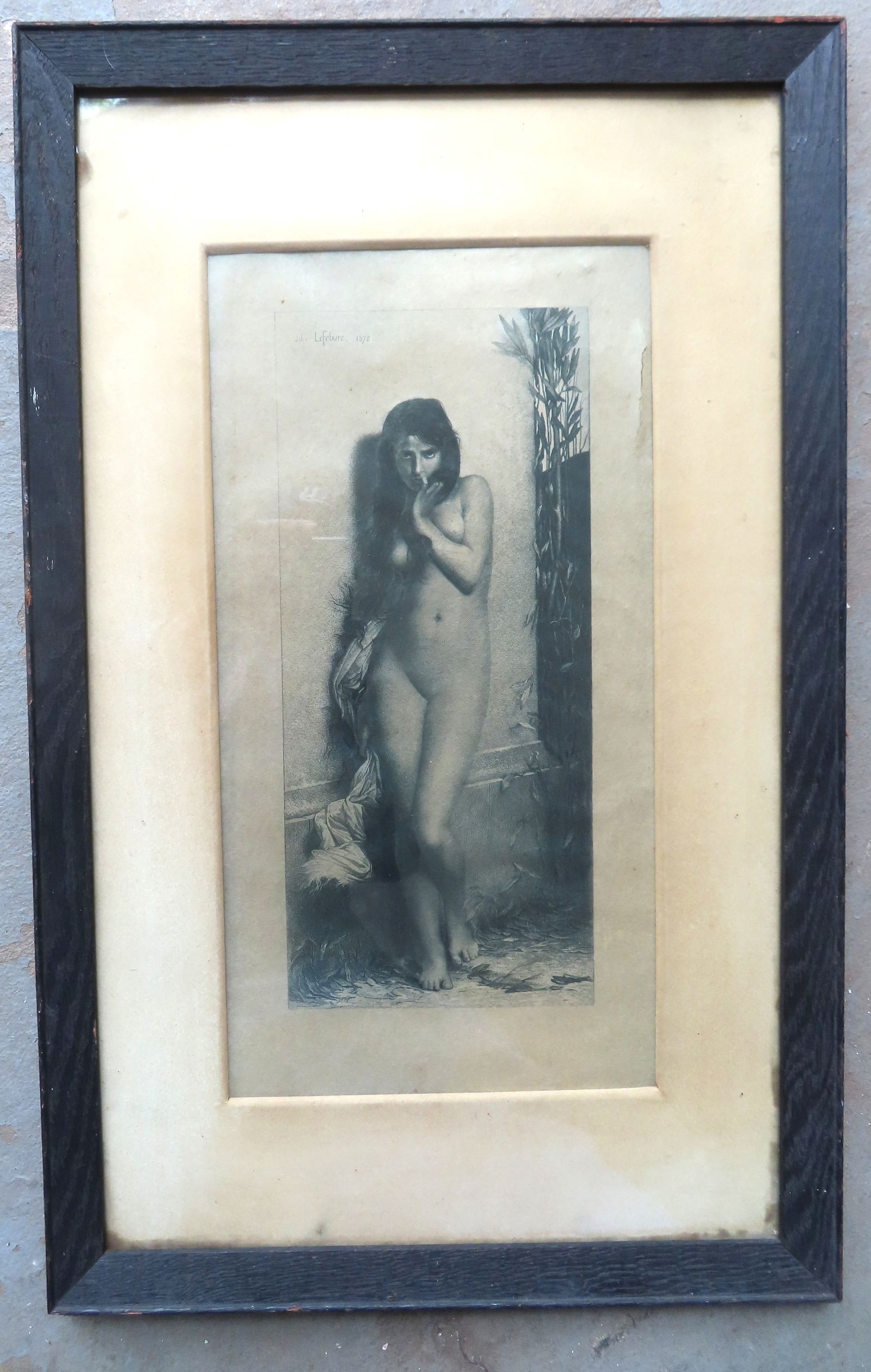 Jules Lefebvre, French 1836-1911. Etching of nude lady signed within plate "Jules Lefebvre 1872".: Jules Lefebvre, French 1836-1911. Etching of nude lady signed within plate "Jules Lefebvre 1872". Small tear in border, else good condition. Total frame size 13 1/2" x 21 1/2". Provenance: From the es