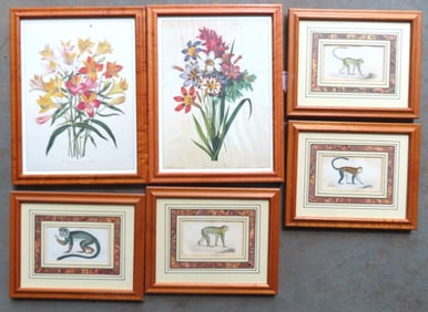 Grouping of prints including: 4 hand colored lithographs of monkeys, professionally framed and