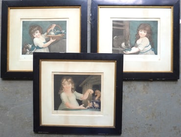 Three original hand tinted stipple engravings, all depicting children with animals, including: