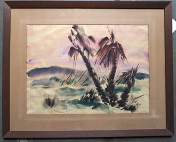 A large W/C landscape palm trees on beach front, early to mid 20th century. Good condition. Total