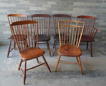 Grouping of 6 period Windsor chairs, 5 near matching stepdown, and 1 birdcage. All refinished with