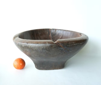 A large primitive European burl wood bowl, hand dug, heavy construction, old use wear and age check,