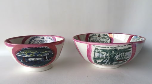 Two Sunderland pink luster bowls, including: A Sailor's Return punch bowl, circa 1830-50 - scrape in