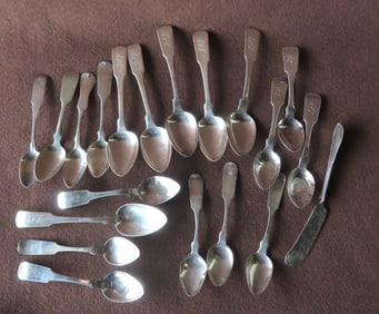 Grouping of coin silver including 6 William Thomson spoons (NY), 5 teaspoons W.I. Tenney (NYC),
