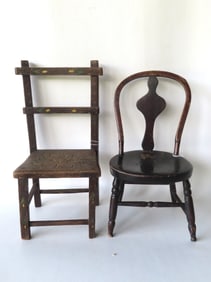 Two custom made doll chairs including bow back with center splat in original black paint which is
