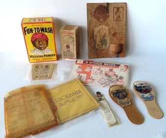 Grouping of 10 Black American collectibles including: Advertising articles, 2 noise makers, Souvenir