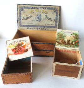 Three original lithograph cigar boxes with African American lithographs on interior, late 19th to