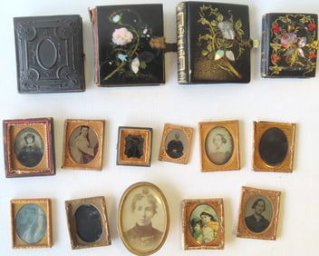 Grouping of mostly cased photographs including: Daguerreotype of lady in paper mache case with some