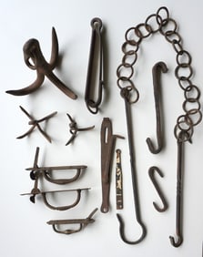 Grouping of mostly hand forged iron collectibles including grappling irons, Norfolk latches, firepla
