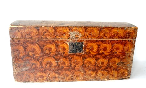 A sponge decorated dome top box, in original mustard swirled paint, mid 19th century.