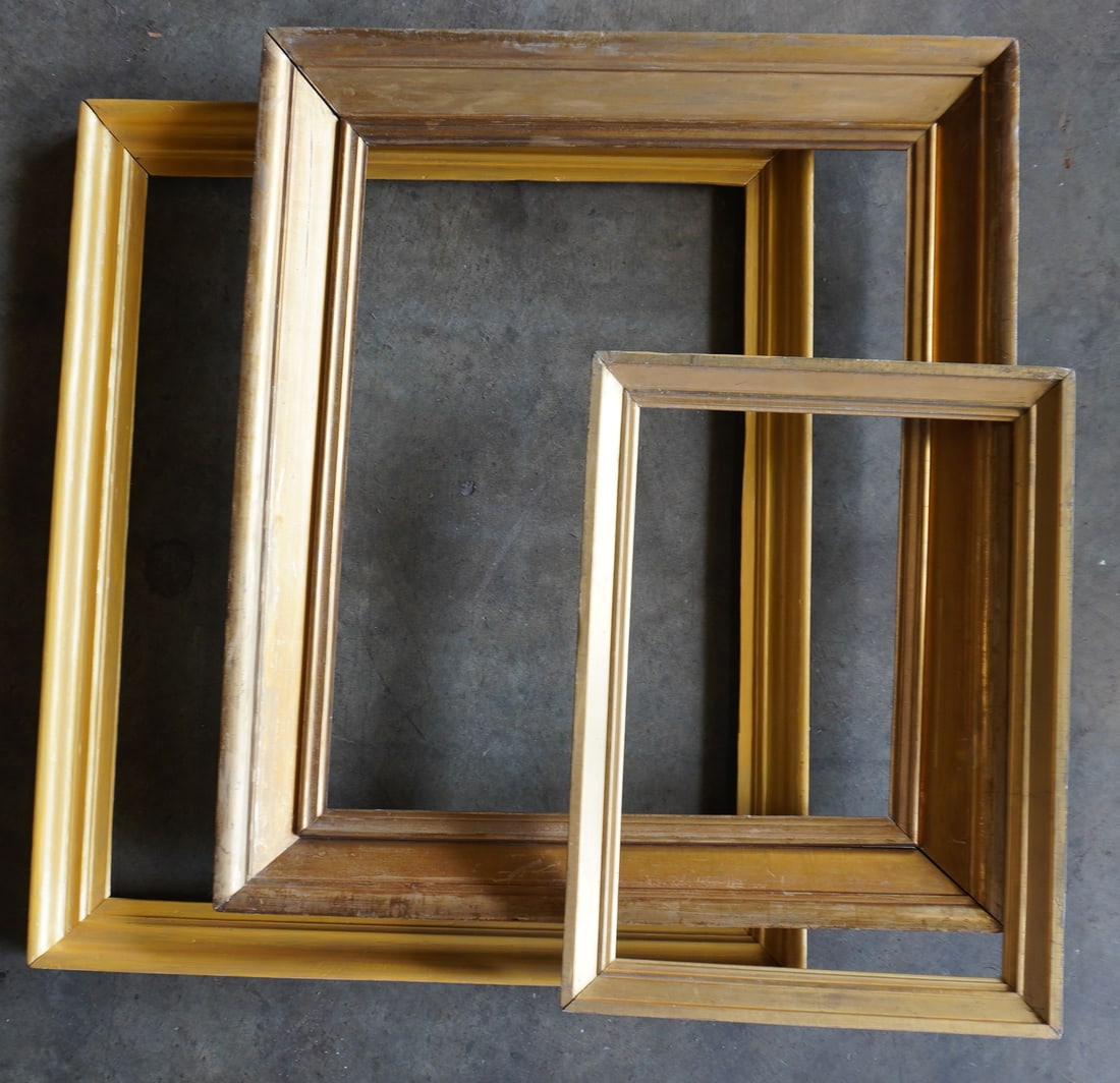 Three 19th century lemon gold picture frames.: Three lemon gold picture frames, all 19th century, including: The first, the smallest measuring 24 3/4" x 18" and opening size 21 3/4" x 15" (tight fit at that measurement) - the edges have been repai
