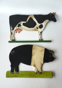 Two silhouette farm animal wall displays, a pig and a cow in original paint.