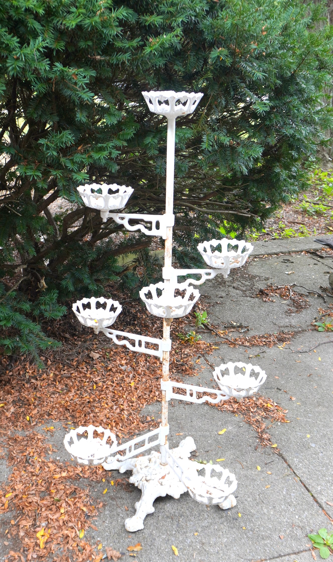 A cast iron plant holder with 8 movable arms in graduated sizes - 8"L to 13"L, each with receptacles: A cast iron plant holder with 8 movable arms in graduated sizes - 8"L to 13"L, each with receptacles for holding plants, probably mid 20th century. Very good condition. Measures 43 3/4"H x 23 1/2" max