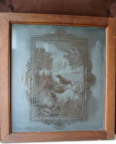 A frosted glass window pane with etched figure of a sporting dog in brush, late 19th century in very