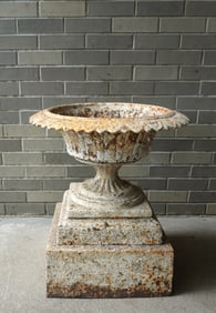 Cast iron 19th century 4 part garden urn, good condition with layers of old paint. Measures