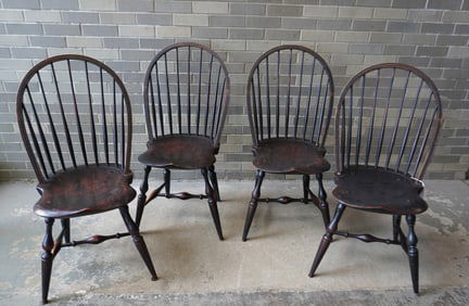 A set of 4 custom made high quality bow-back Windsor chairs are signed by maker WCW (Warren Chair