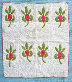 A good applique crib quilt in floral pattern, all hand sewn with cotton seeds in batting, 19th