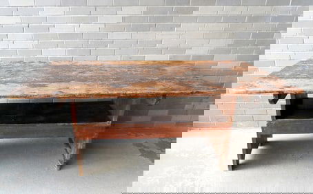 A good American country kitchen hutch table, the top in old worn Spanish brown paint with some