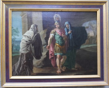 Old Master O/C Depicting Roman soldier holding sword seemingly blocking entrance to city near man