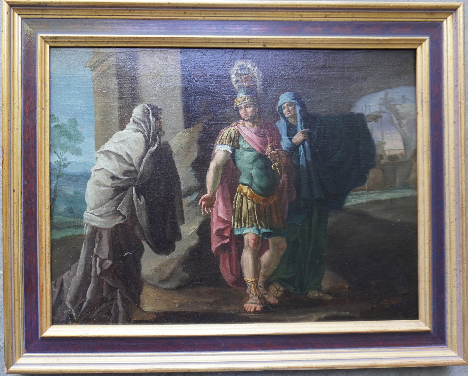 Old Master O/C Depicting Roman soldier holding sword seemingly blocking entrance to city near man: Old Master O/C Depicting Roman soldier holding sword seemingly blocking entrance to city near man and woman, probably religious scene, late 18th to early 19th century. Relined, repaired, and touched u