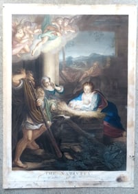 A hand colored stipple engraving "The Nativity" after a painting by Correggio and engraved by
