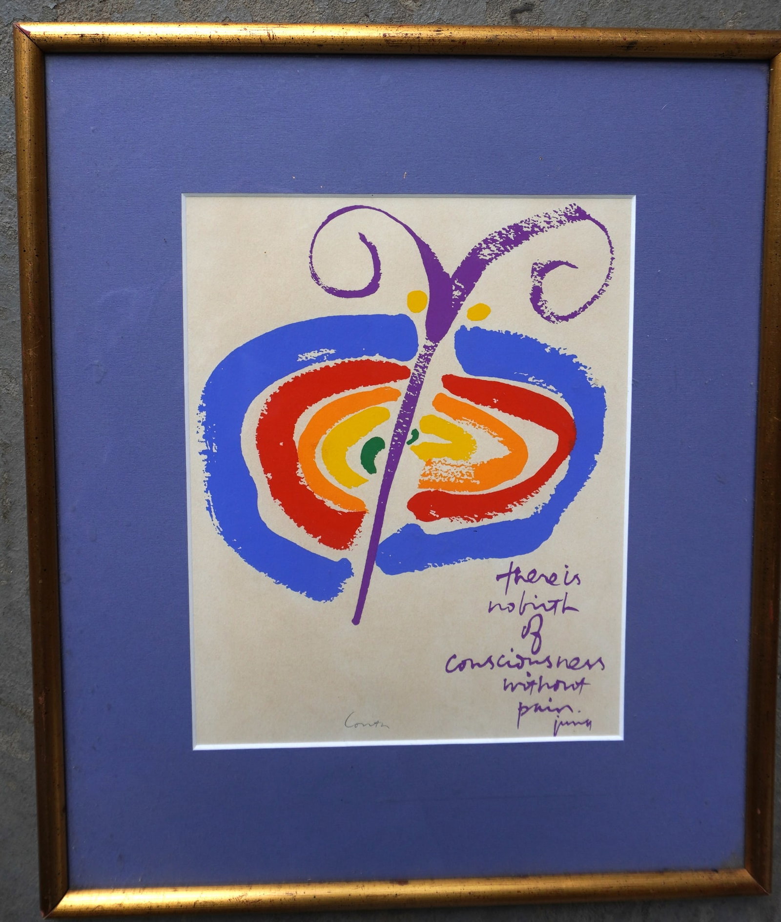 Sister Mary Corita Kent (American 1918-1986). Modernistic serigraph, pencil signed "Corita" bottom: Sister Mary Corita Kent (American 1918-1986). Modernistic serigraph, pencil signed "Corita" bottom center - marked "There is No Birth of Consciousness Without Pain. Jung". Very good condition. Housed 