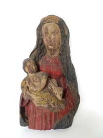 A beautiful early carved wooden wall mounted Santos sculpture of Madonna and Child in original