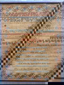 An alphabet sampler with religious verse signed "Mary A. Elkin / Brooklyn / March 18 1860". Darkened