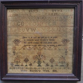 An alphabet, poetic and pictorial sampler signed "Mary Hartley's Work 1816". Note the poetic verse