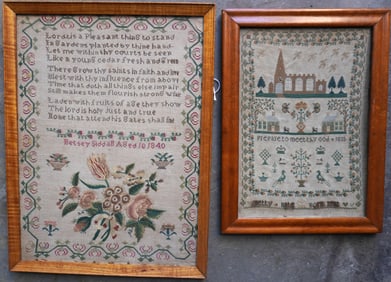 Two early samplers. The first, a poetic and pictorial sampler signed "Betsey Siddall / Aged 10 /