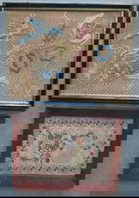 Two 19th century framed needleworks including: A school girl embroidery with a stylized bird flying