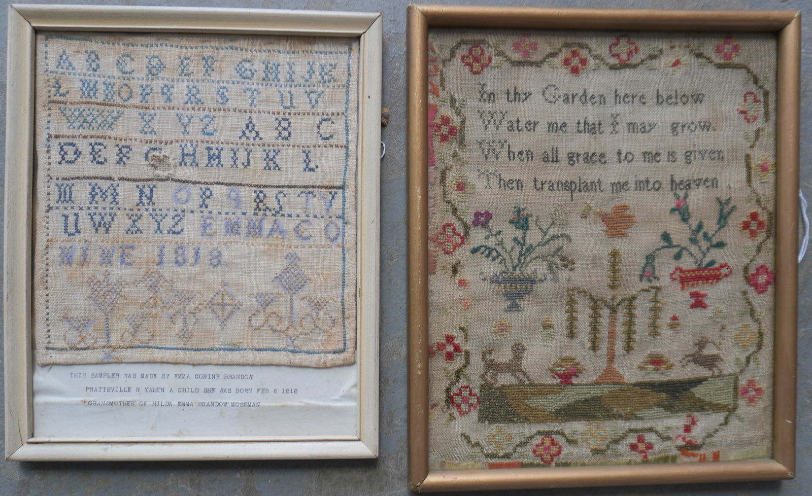 Two samplers: The first a pictorial and verse sampler decorated with flowers in urns, flying bird,: Two samplers: The first a pictorial and verse sampler decorated with flowers in urns, flying bird, and tree flanked by animals that appear to be a dog and goat - small loss bottom right corner else go