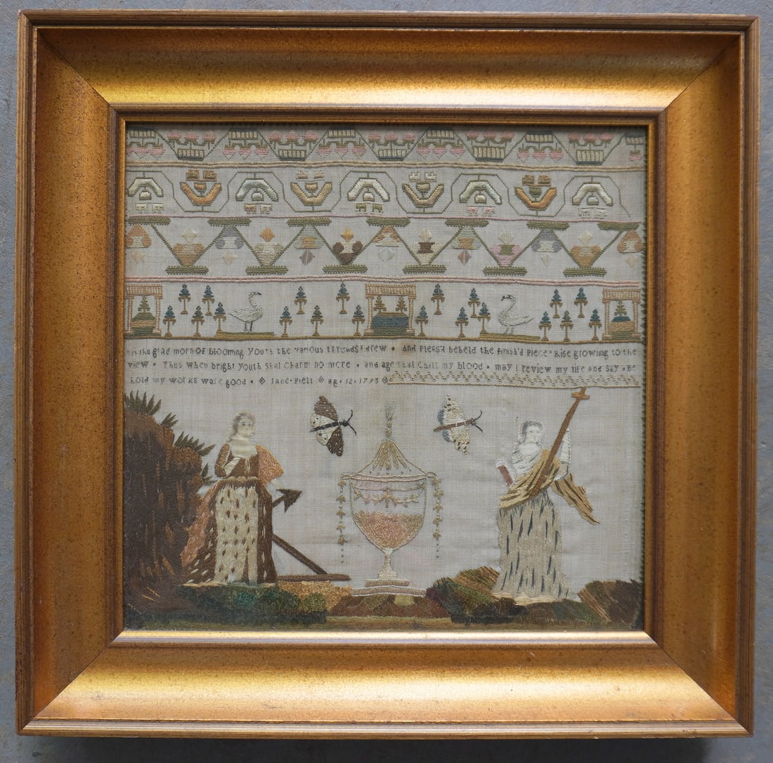 A very fine early 18th century pictorial sampler, having 4 rows of the young girl's embroidery over: A very fine early 18th century pictorial sampler, having 4 rows of the young girl's embroidery over her hand sewn words of remembrance of youth, that appears to read "In the glad morn of blooming yout