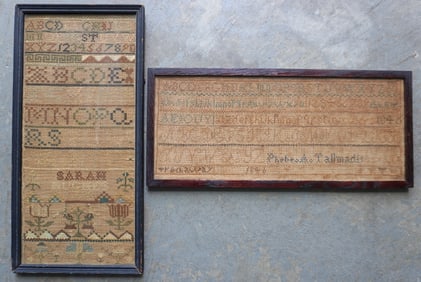 Two samplers: The first, an alphabet sampler signed "Phebe A. Tallmad (ge) aged 10 / …..way /