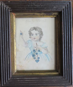 Miniature W/C portrait of small girl holding grapes, pencil signed above portrait "Charley Dame",