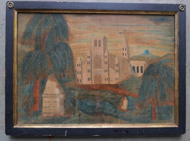 A memorial theorem on velvet depicting weeping willows, large church and gravestone marked by "Mrs.