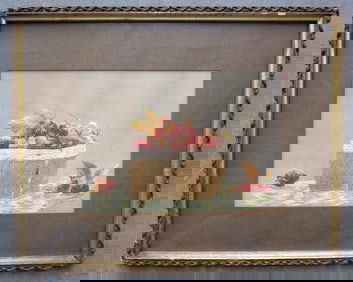 An early silk work embroidery depicting strawberries in a basket, mid 19th century or earlier. Size