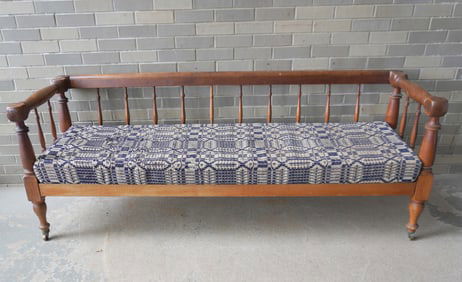 A Sheraton maple and cherry day bed with spindle back (most spindles in tiger maple - one spindle is