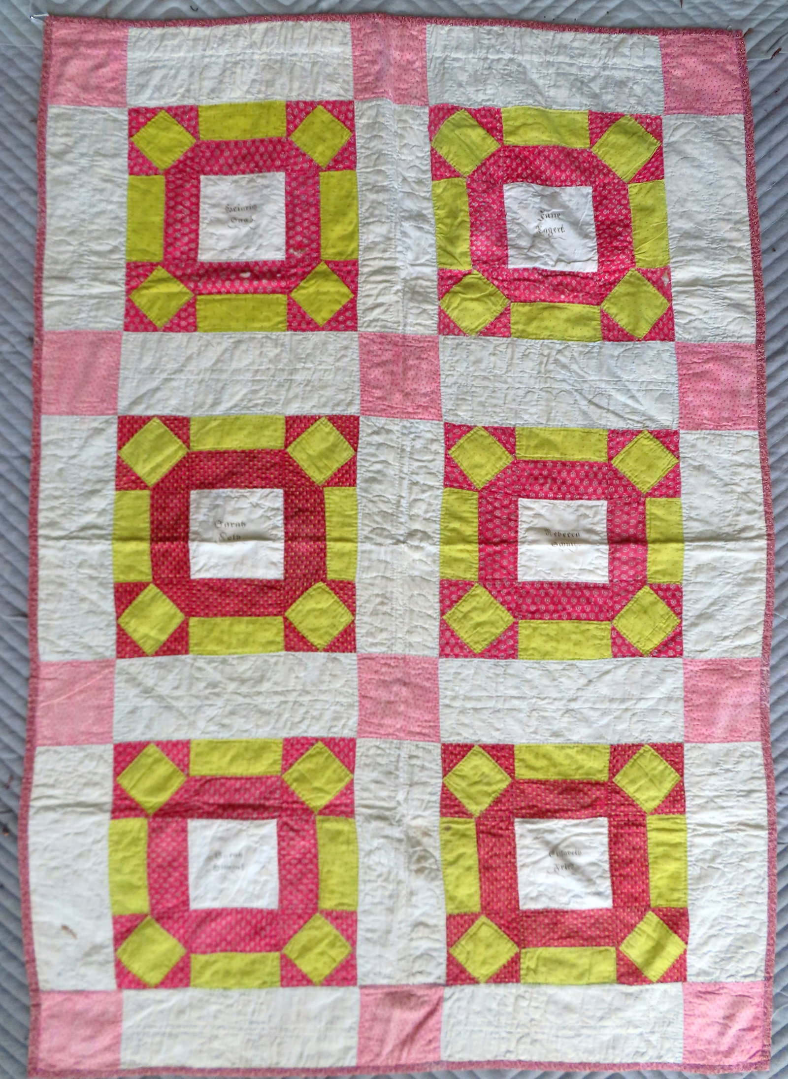 A Friendship crib quilt with each block signed in ink by quilter, mid to late 19th century, probably: A Friendship crib quilt with each block signed in ink by quilter, mid to late 19th century, probably Pennsylvania. Measures 36" x 52". All hand sewn in very good condition.
