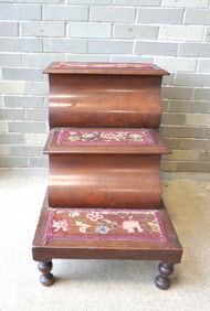 An usual late Sheraton mahogany bed step with built in pull-out potty seat on second step (original