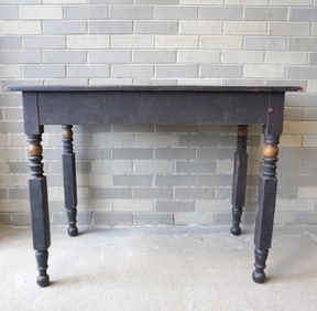 A NY leg kitchen work table having an unusual stenciled top which appears to be original as is the