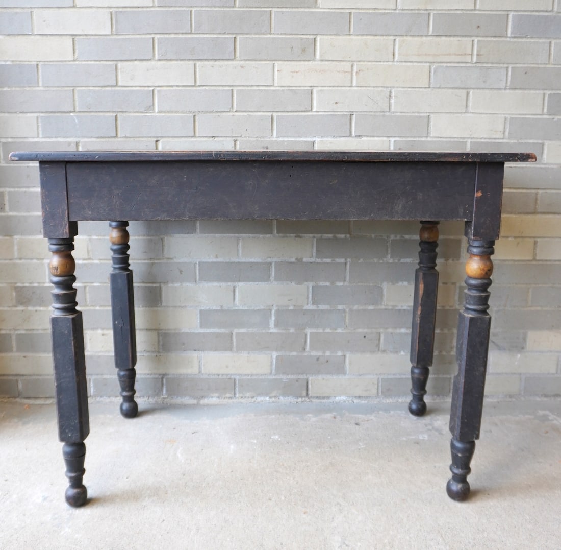 A NY leg kitchen work table having an unusual stenciled top which appears to be original as is the: A NY leg kitchen work table having an unusual stenciled top which appears to be original as is the paint including the gold highlights on legs. Needs cleaning, a small paint wear spot to the top with 