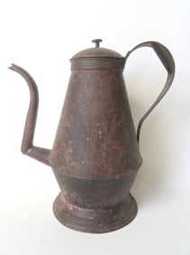 An early Pennsylvania punched tin coffee pot decorated with large tulips on the canted sides and