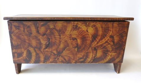 An exceptional small size sponge or feather decorated storage box with cutout sides, interior open