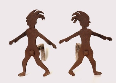 A very rare pair of folk art blacksmith made, hand forged Native American figural andirons, probably